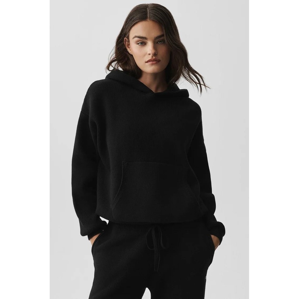 Alo Yoga Scholar Hooded Sweater XL Black Oversized Knit Hoodie $218